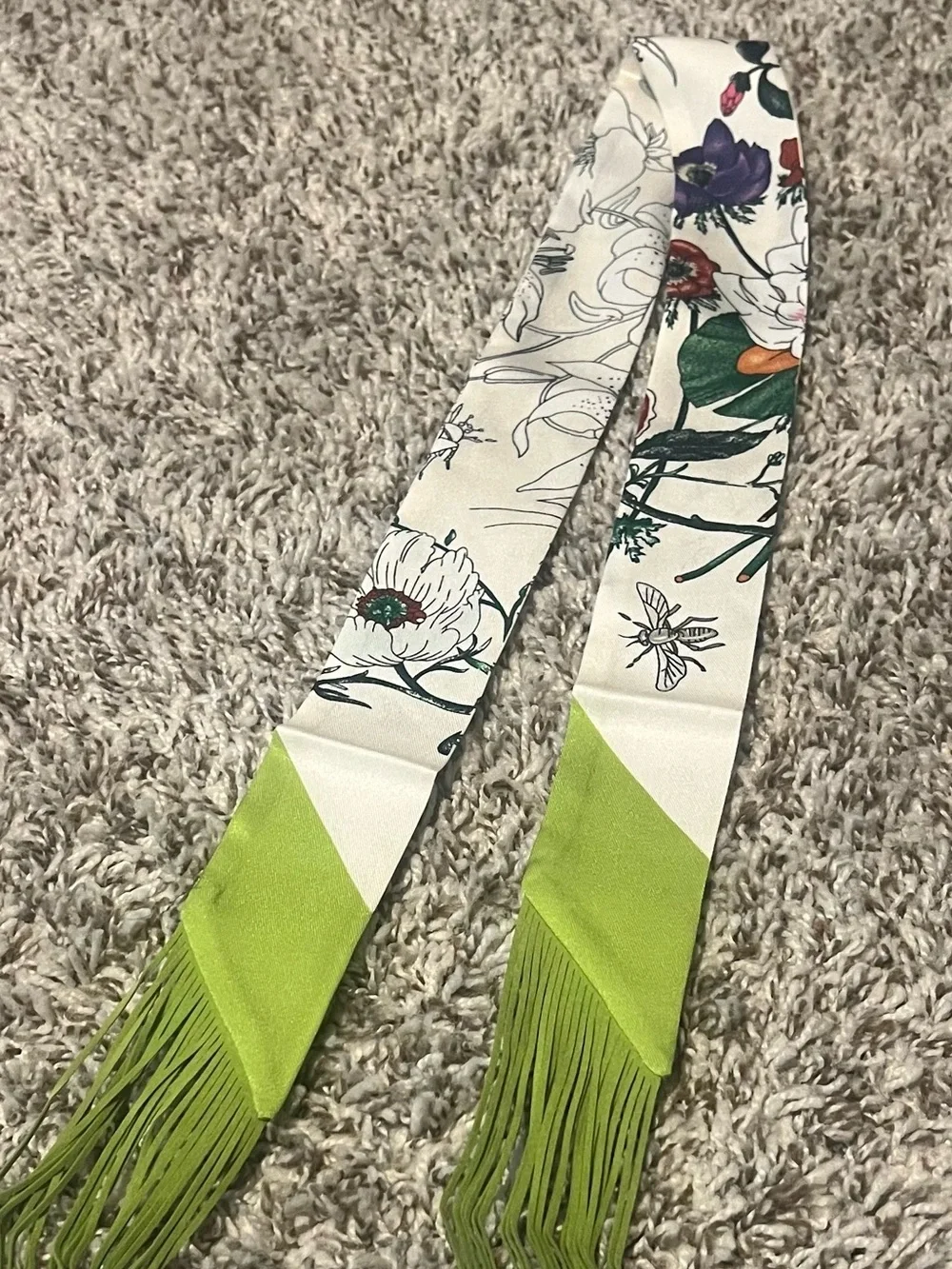 SOLD !!!Fringe Floral Printed Satin twilly scarf